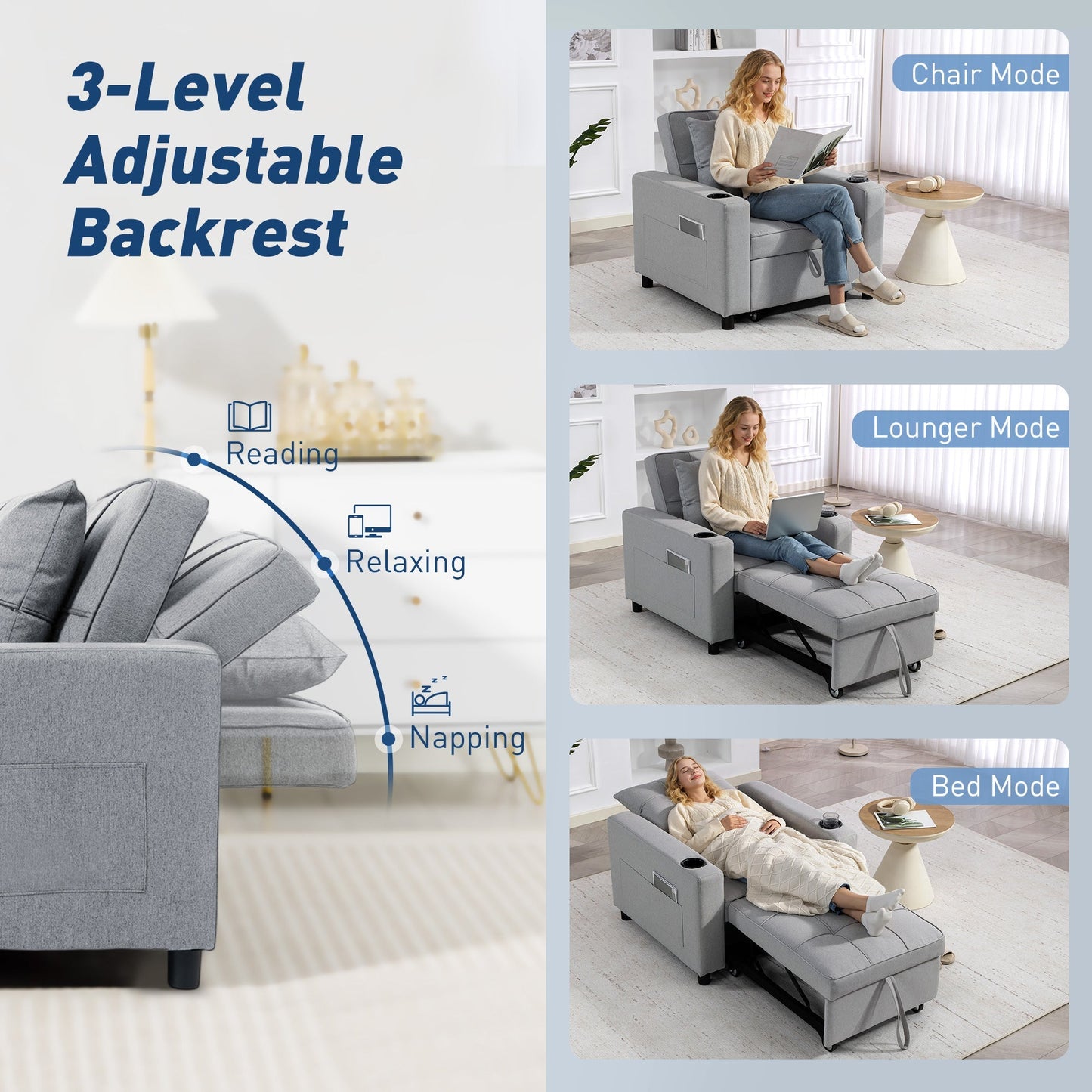 HOMCOM 3-In-1 Sofa Bed Chair For Small Spaces With High-Density Foam Comfort