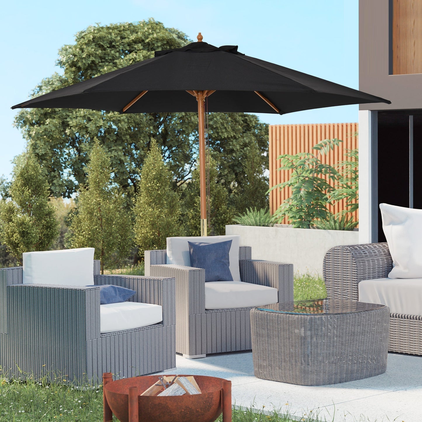 Outsunny Wooden Garden Umbrella Sun Shade With Top Vents Bamboo Ribs And Sturdy Wood Pole For Outdoor Spaces Black