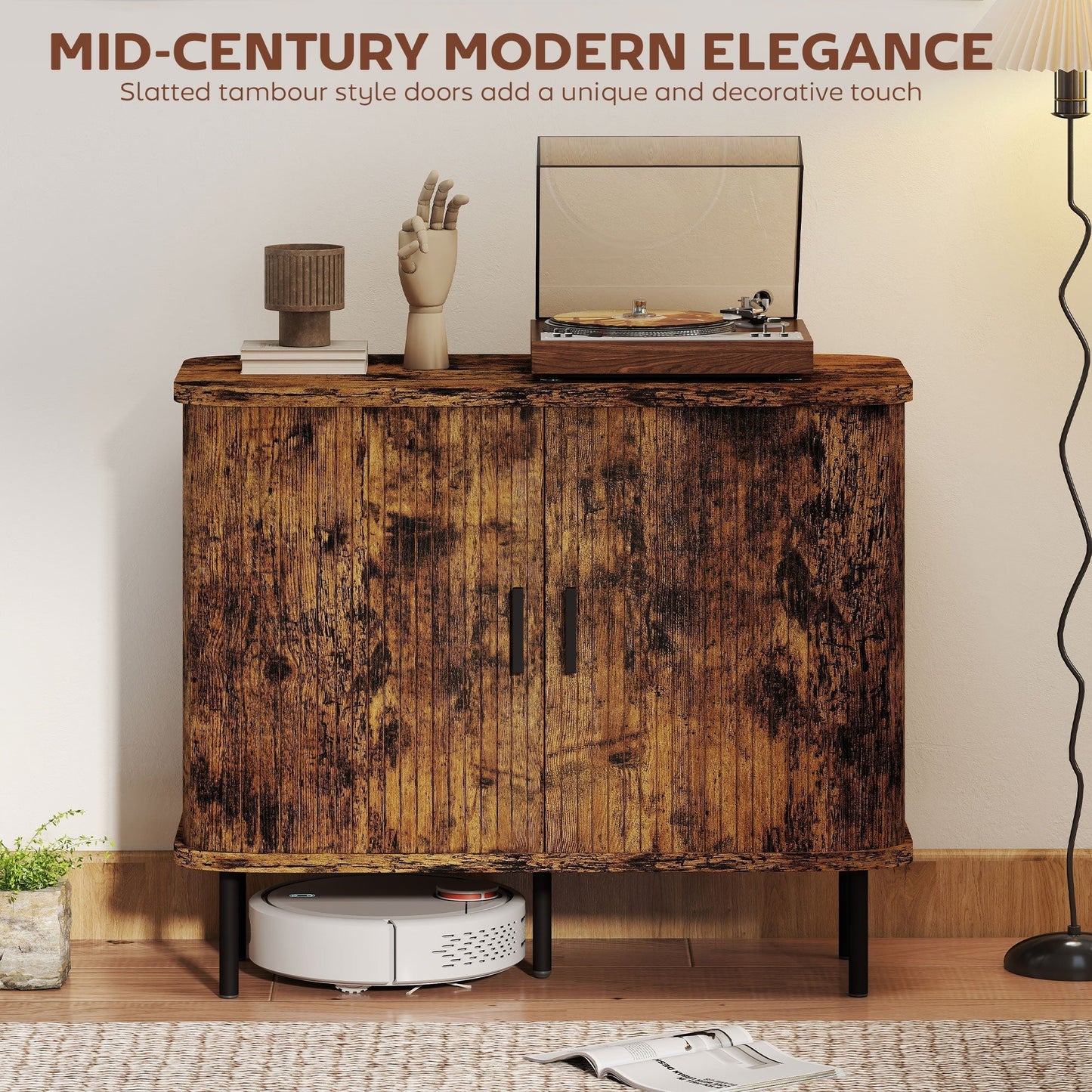 HOMCOM Mid-Century Modern Sideboard Storage Cabinet Slatted Tambour Doors Space Saving Kitchen Unit for Small Spaces