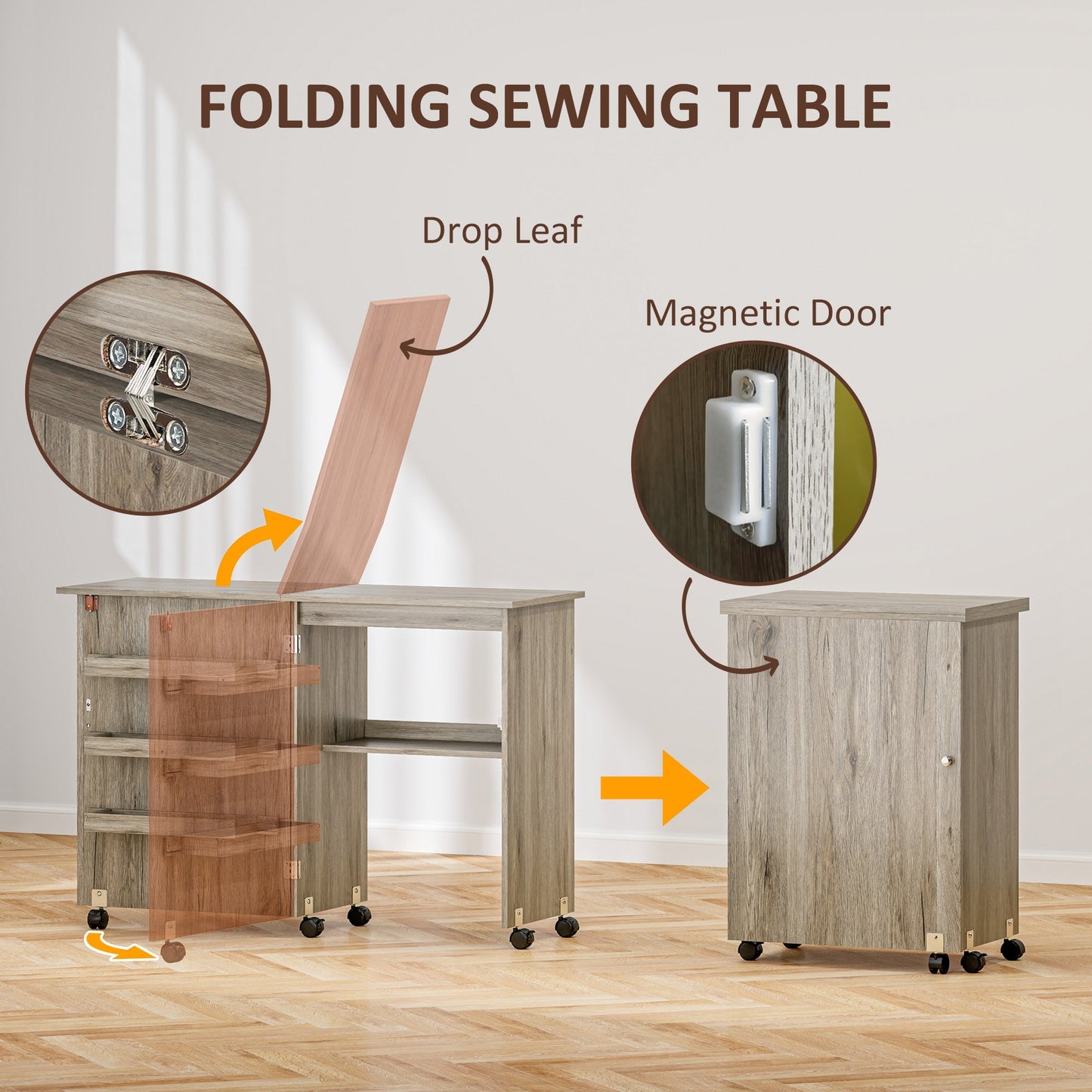 HOMCOM Folding Sewing Table With Drop Leaf And Versatile Storage Bins On Wheels For Small Spaces
