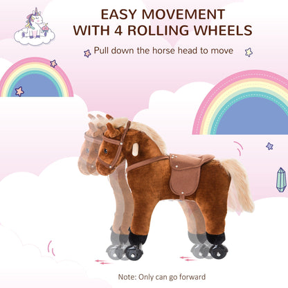 HOMCOM Kids Ride On Rocking Horse With Wheels And Sound Plush Toy For Toddlers 2 Years Up Brown