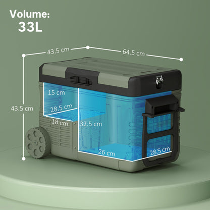 Outsunny 33L Dual Zone Car Fridge Freezer Portable 12V 24V DC And 100 To 240V AC With Wheels And LED Light For Travel