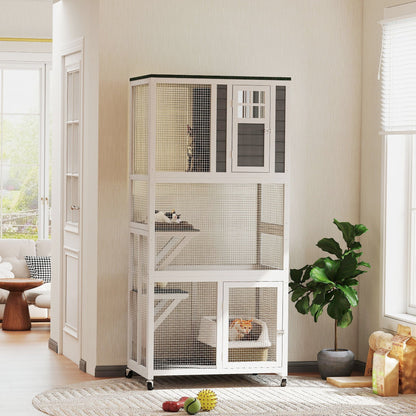 PawHut Wooden Catio Outdoor Cat Enclosure With Waterproof Roof Platforms For Multiple Cats White