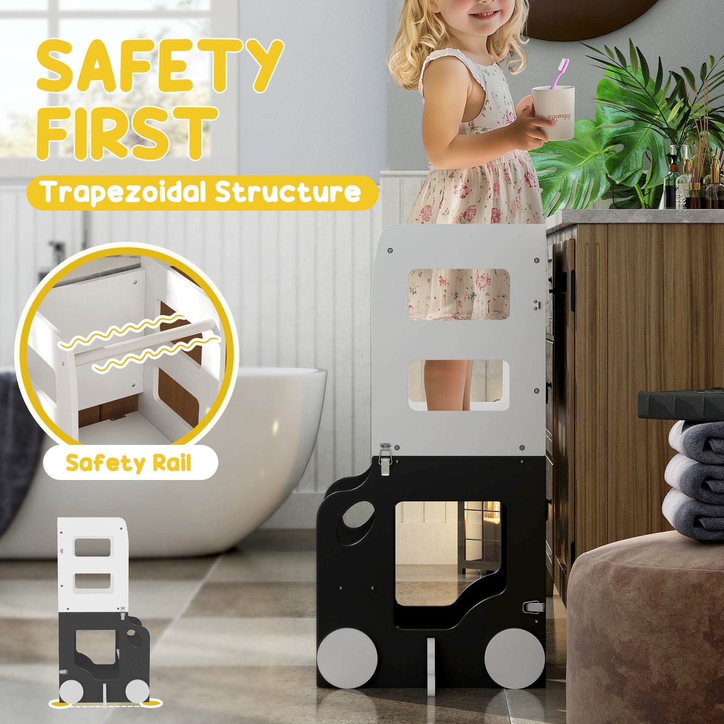 AIYAPLAY 4 In 1 Toddler Standing Tower Step Stool With Safety Rail Foldable For Toddlers Kitchen Bathroom Desk Whiteboard