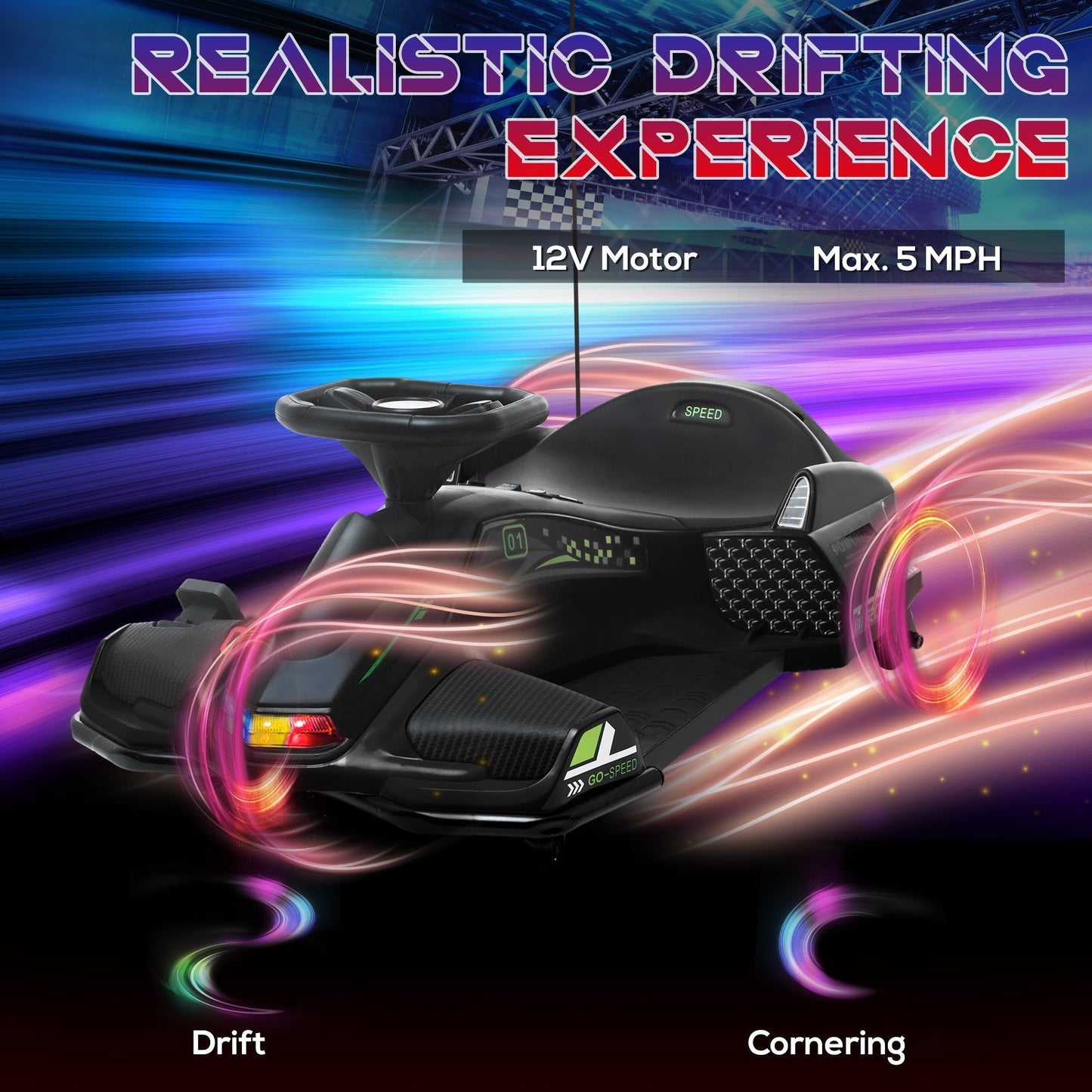 HOMCOM Ages 8 To 12 Kids 12V Electric Go Kart With Drift Function Music LED Lights Slow Start