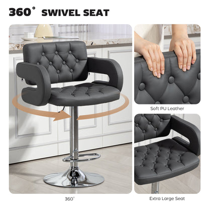 HOMCOM PU Leather Swivel Bar Stool For Home Kitchens With Height Adjustable Back Armrest Footrest Modern Grey