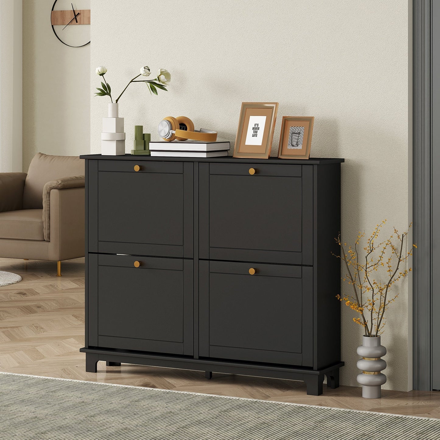 HOMCOM Narrow Shoe Storage Cabinet with 4 Flip Drawers and Adjustable Shelves for 16 Pairs Ideal for Small Entryways