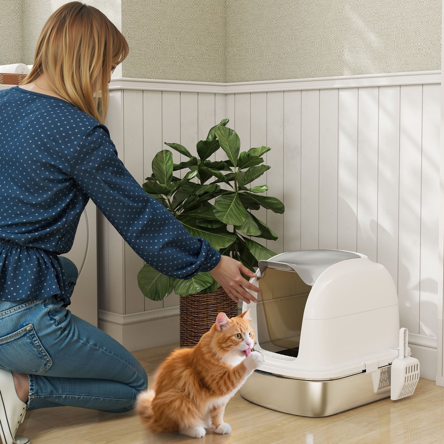 PawHut Stainless Steel Cat Litter Box With Lid Enclosed Privacy Odor Control Scoop Included For Cat Owners