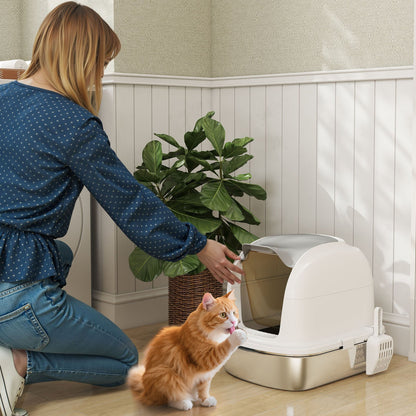 PawHut Stainless Steel Cat Litter Box With Lid Enclosed Privacy Odor Control Scoop Included For Cat Owners
