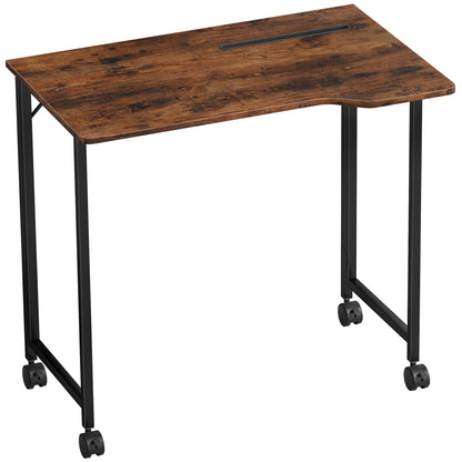 HOMCOM Folding Desk On Wheels With Locking Wheels Rustic Brown Space Saving For Small Spaces