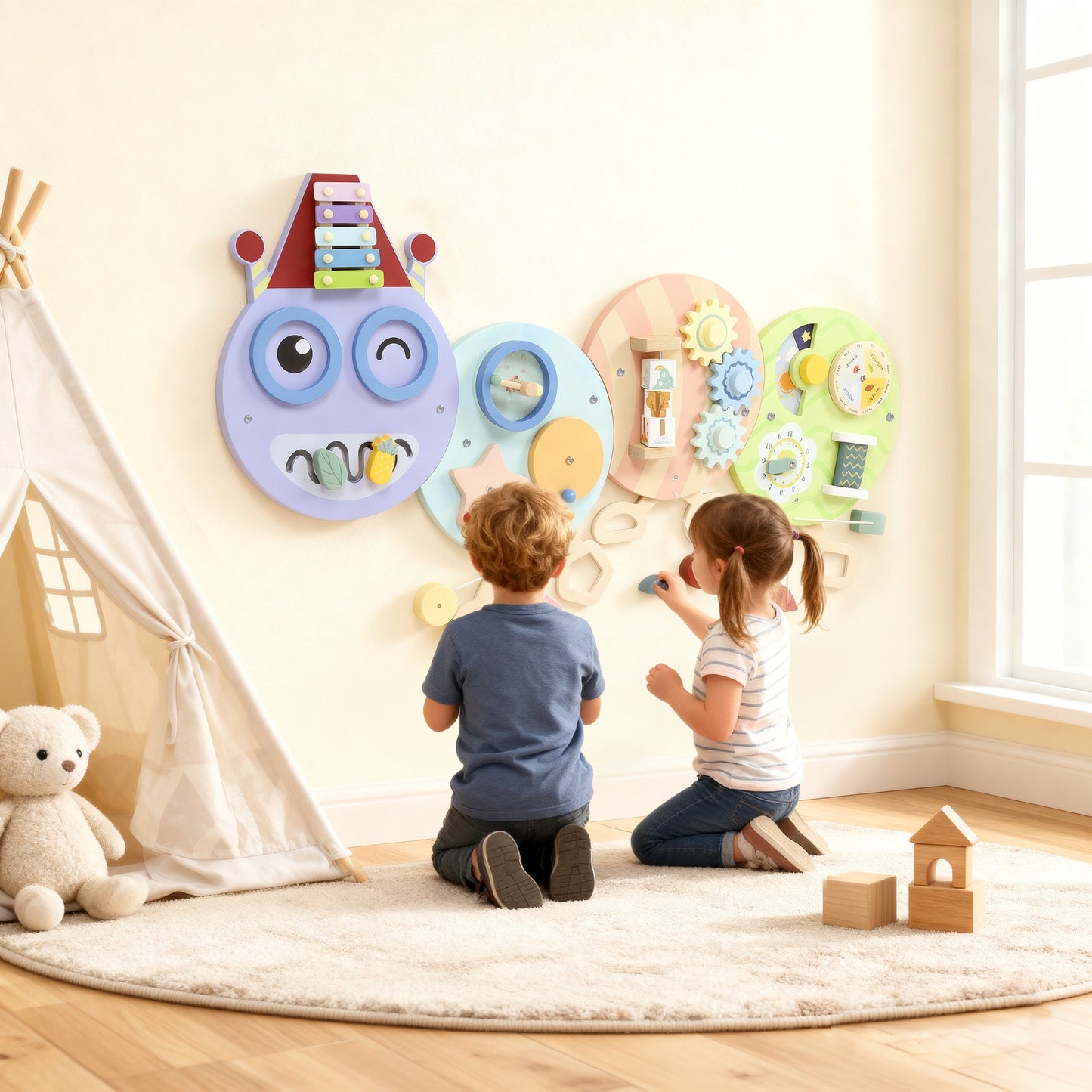 AIYAPLAY Caterpillar Busy Board With 7 Activities For Nursery Playroom Home Ages Three And Up Reduces Screen Time