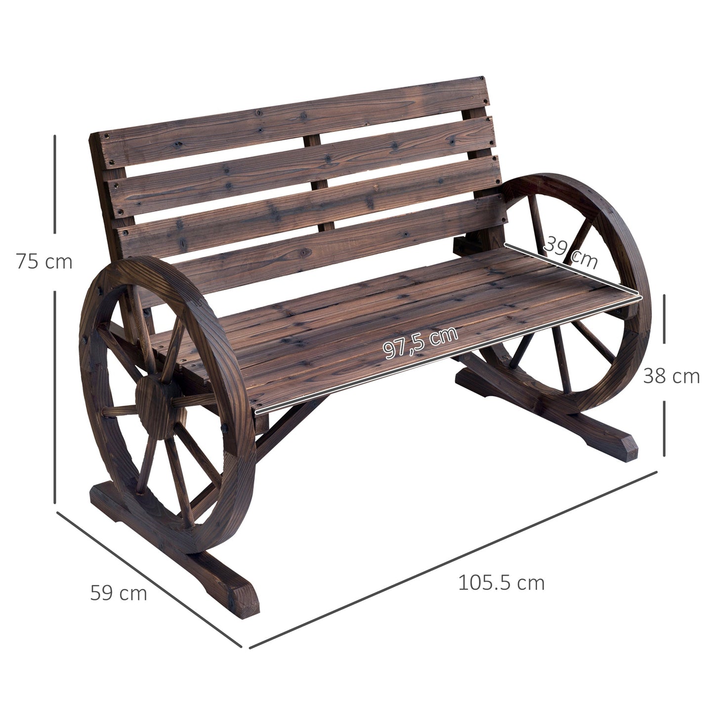 Outsunny 2 Seater Garden Bench With Wagon Wheel Armrests Rustic High Back Outdoor