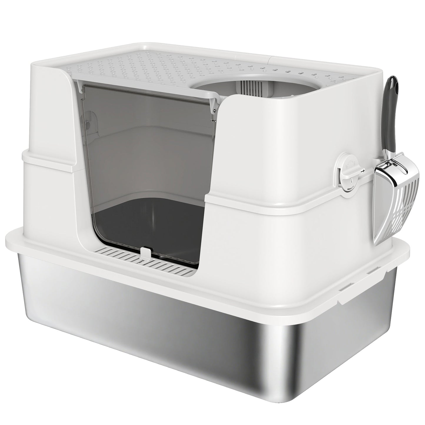 PawHut Stainless Steel Litter Box XL With 100 Degree Flip Top Dual Entry Odor Free For Large Cats