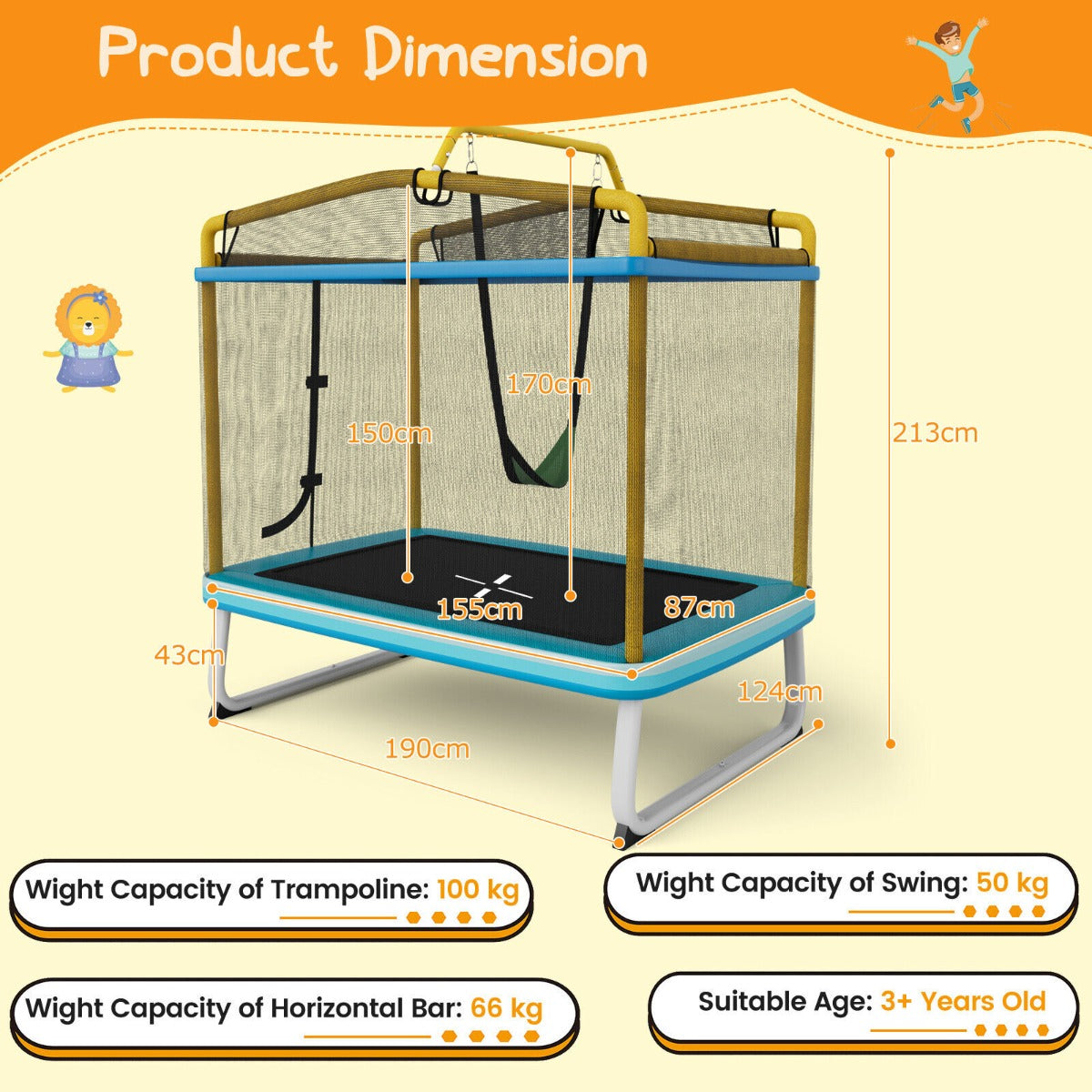 Kids Rectangle Trampoline 190cm With Enclosure Net And Horizontal Bar Yellow Safe Durable Fun