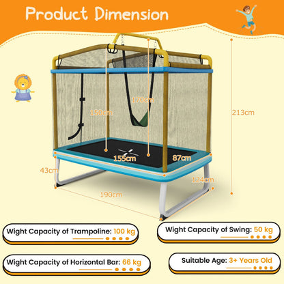 Kids Rectangle Trampoline 190cm With Enclosure Net And Horizontal Bar Yellow Safe Durable Fun