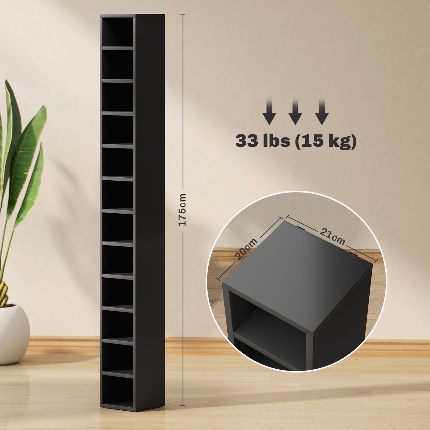 HOMCOM 204 CD Storage Tower Tall Narrow Media Organizer Anti Tip Design for Music Lovers