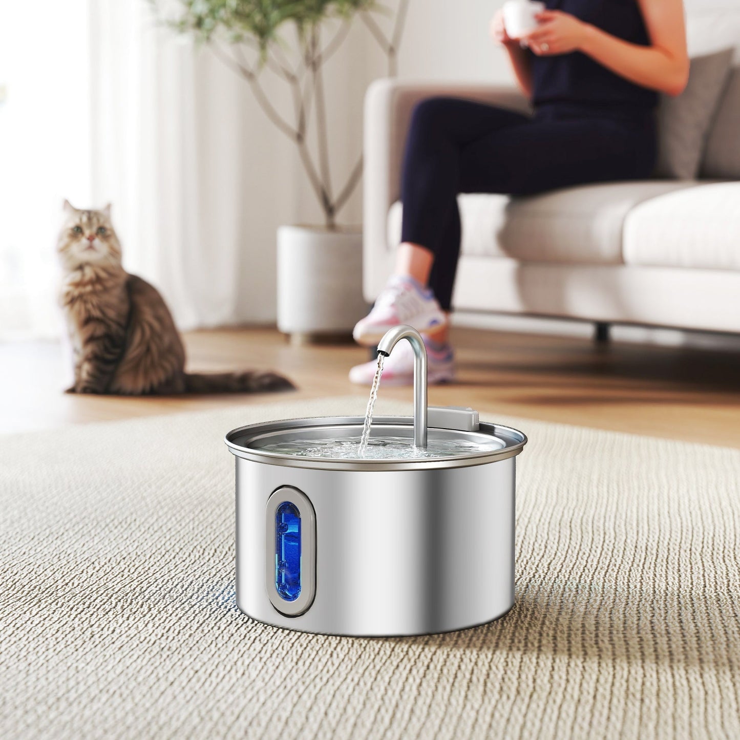 PawHut Stainless Steel Cat Water Fountain 2.5L With Ultra Silent Pump Water Level Window And 7 Filters
