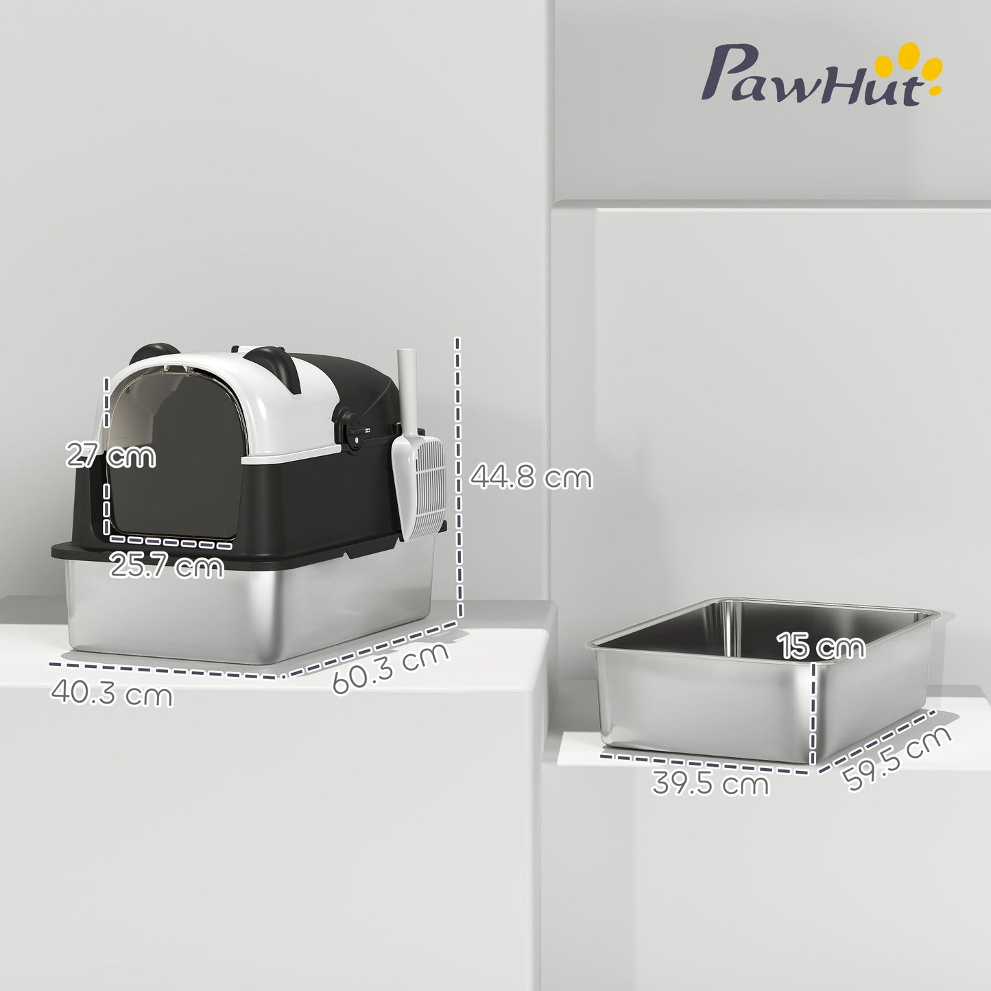 PawHut Panda Style XL Stainless Steel Cat Litter Box With Lid Enclosed For Cat Owners Scoop Included Easy Clean