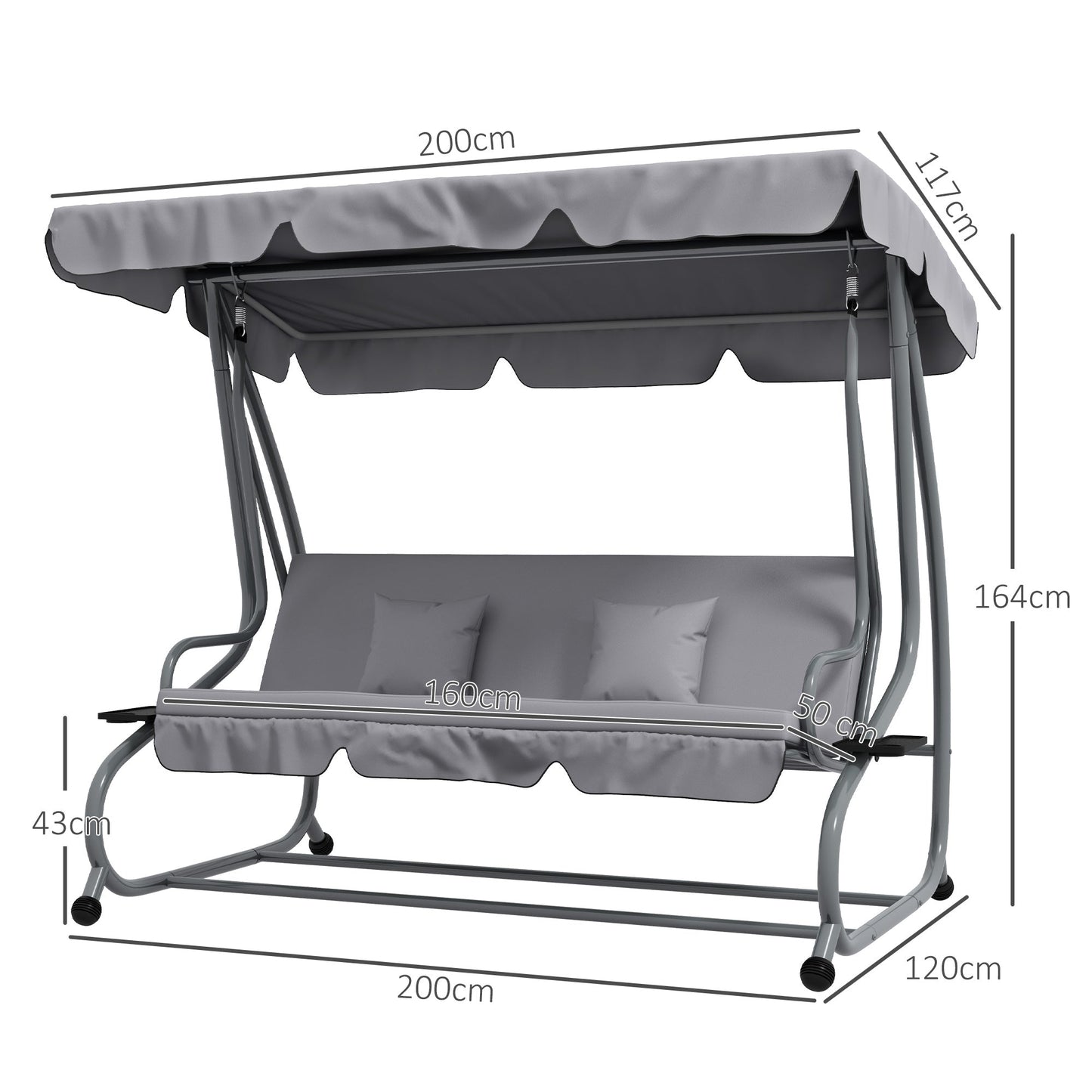 Outsunny Three Person Garden Swing Chair With Adjustable Canopy And Tilting Backrest For Outdoor Family Use