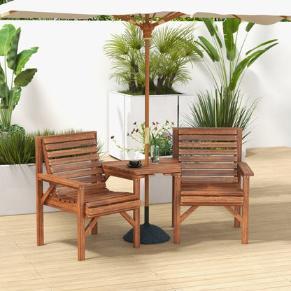Outsunny Wooden Garden Love Seat With Coffee Table And Umbrella Hole Tan Brown Outdoor Patio Set