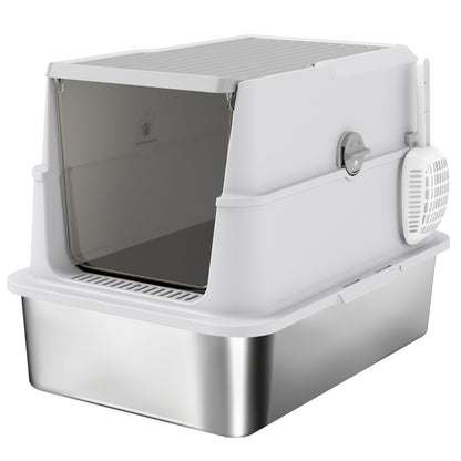 PawHut Extra Large Odour Resistant Stainless Steel Cat Litter Tray With Scoop And Flip Top For Large Cats